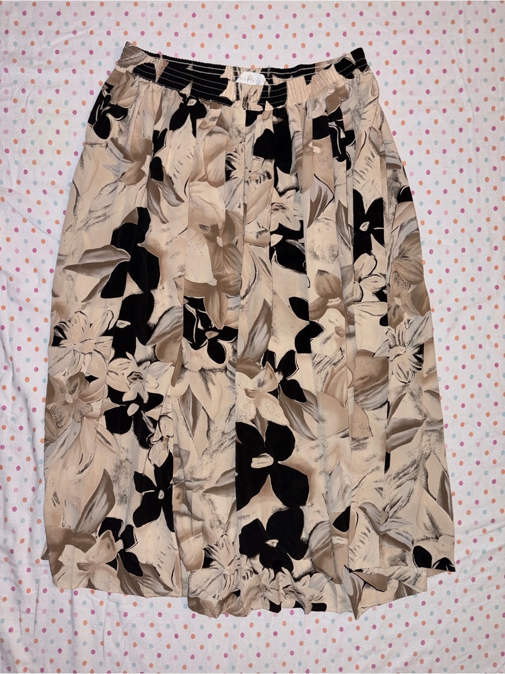 Alfred Dunner Women Floral Pleated Midi Skirt Size 14 Beige Black Elastic Waist